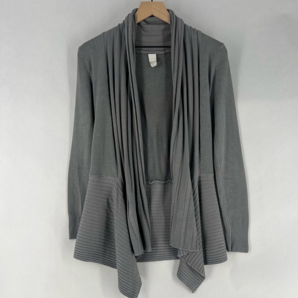 Vila Milano Gray Cashmere‎ Angora Crochet Lace Back Draped Open Front Cardigan